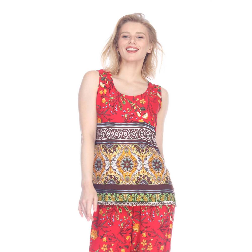 NEW PAPARAZZI rayon border print scoop neck tank top in red